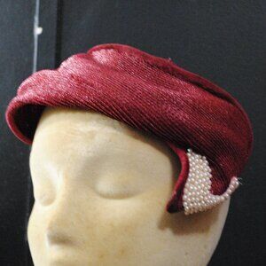 For Repair Vintage 1950's Christine Original Burgundy Straw Hat with Pearl Beads